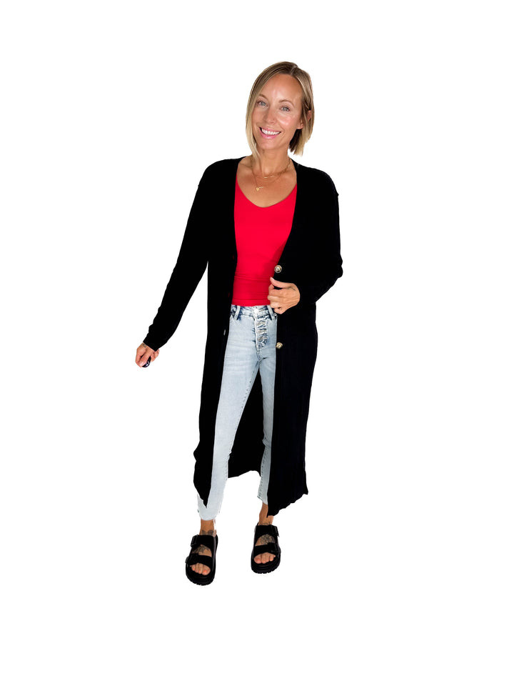 Railey Long Line Button Front Cardigan- BLACK-FINAL SALE