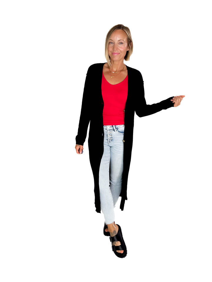 Railey Long Line Button Front Cardigan- BLACK-FINAL SALE
