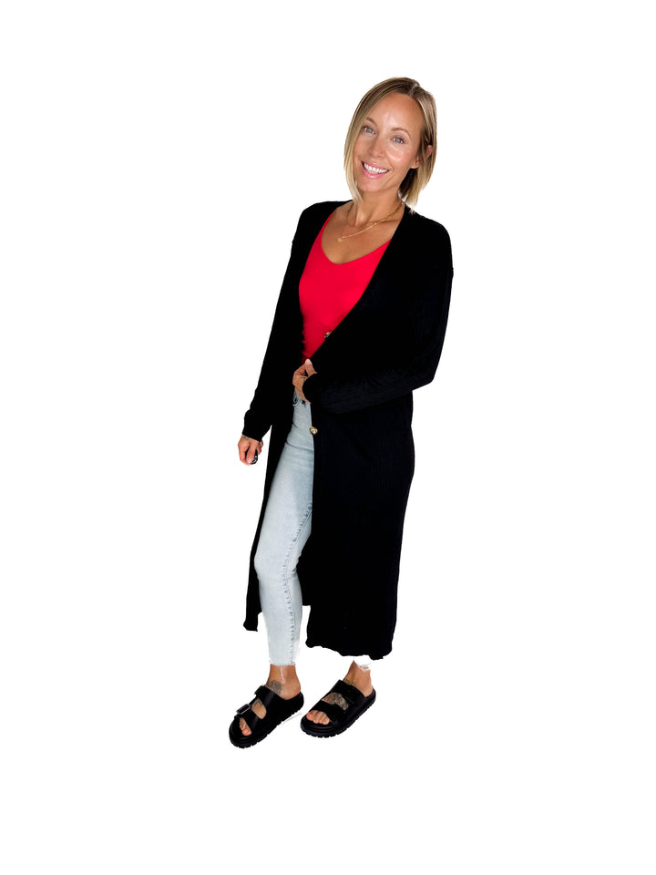 Railey Long Line Button Front Cardigan- BLACK-FINAL SALE