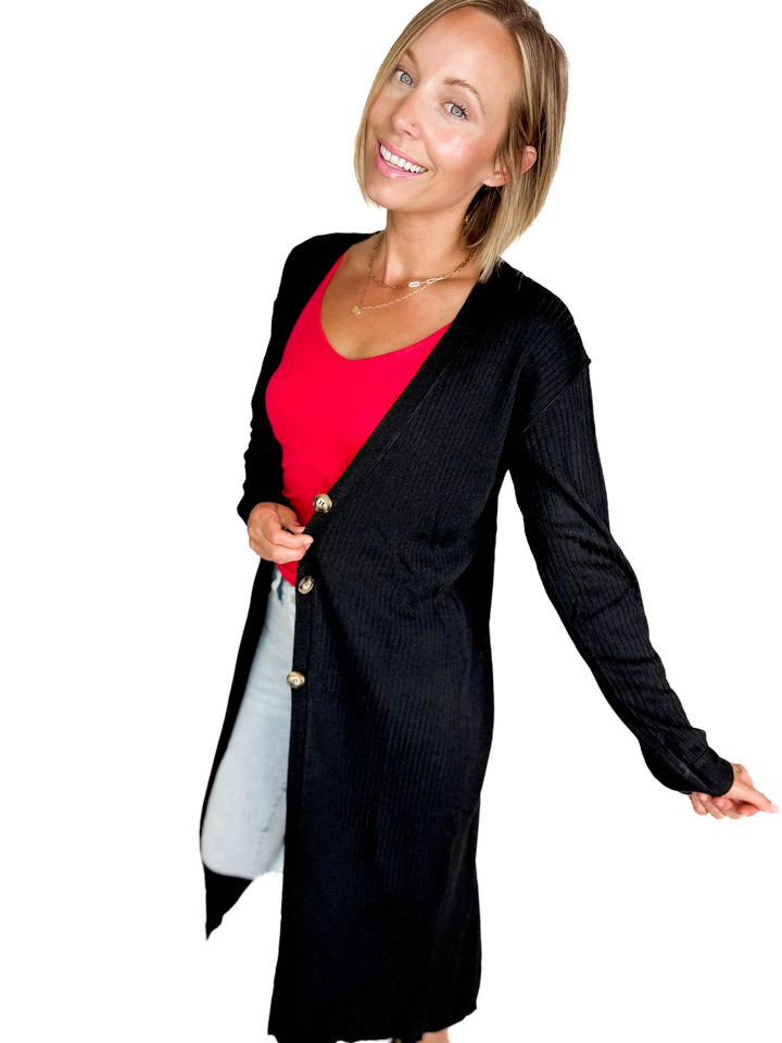 Railey Long Line Button Front Cardigan- BLACK-FINAL SALE