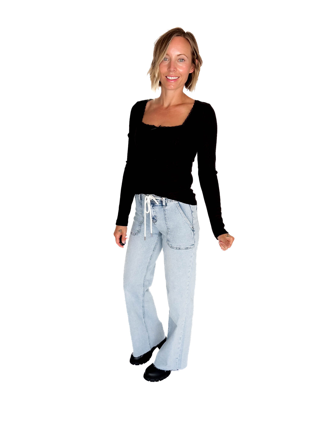 Kristin Edge Lace Neck Lace Detail Knit Top- BLACK-FINAL SALE