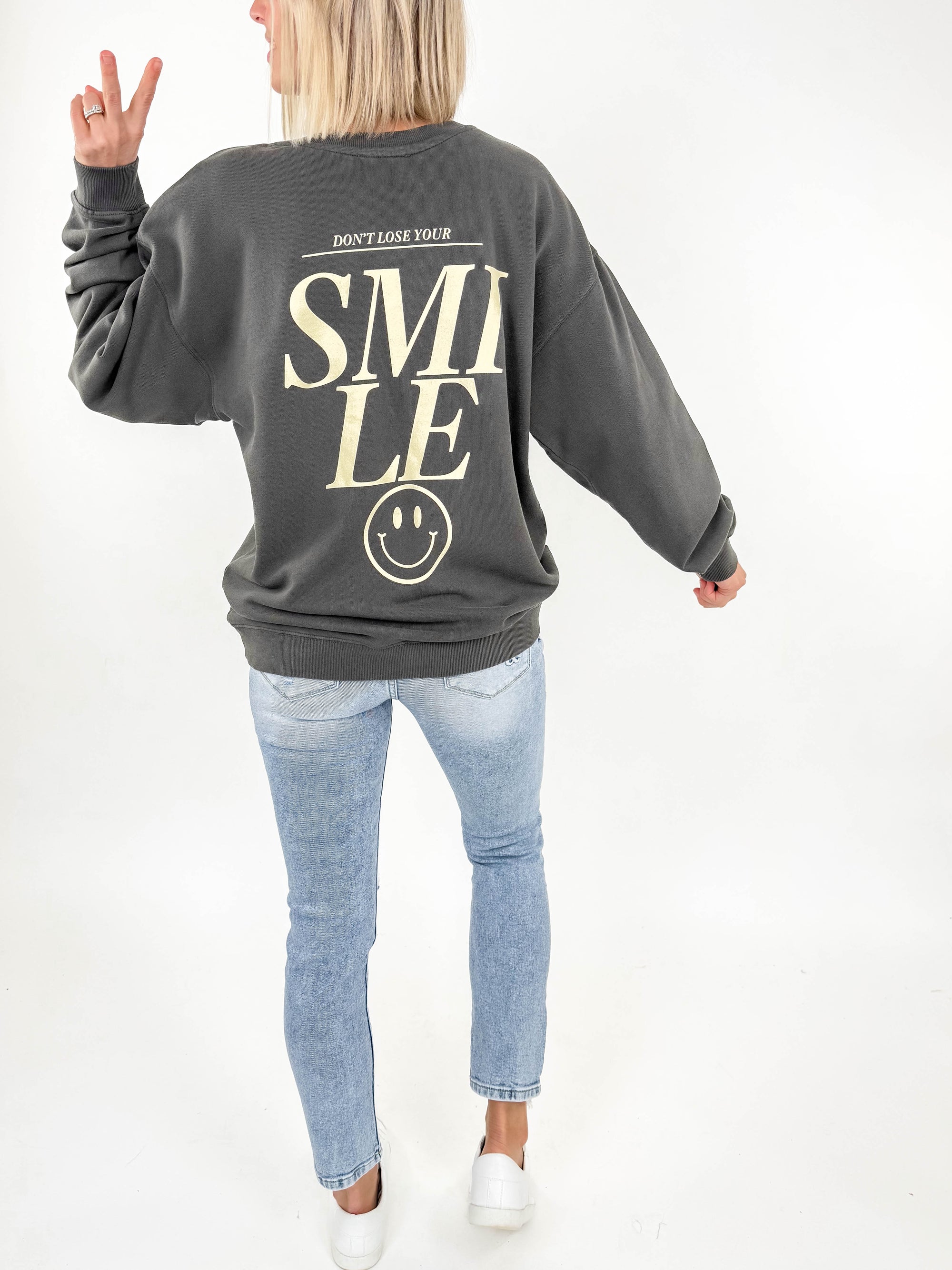 Don't Lose Your Smile Premium Graphic Sweater- CHARCOAL-FINAL SALE