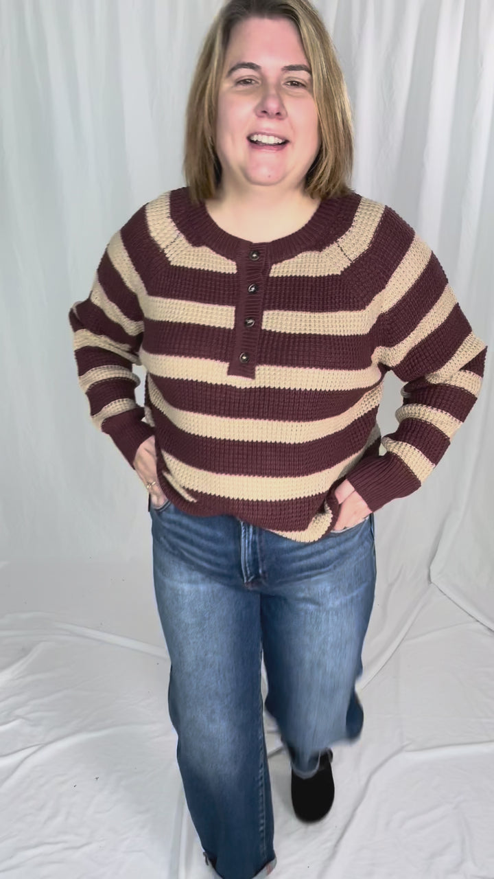 Golden Hour Waffle Henley Sweater- WINE-FINAL SALE