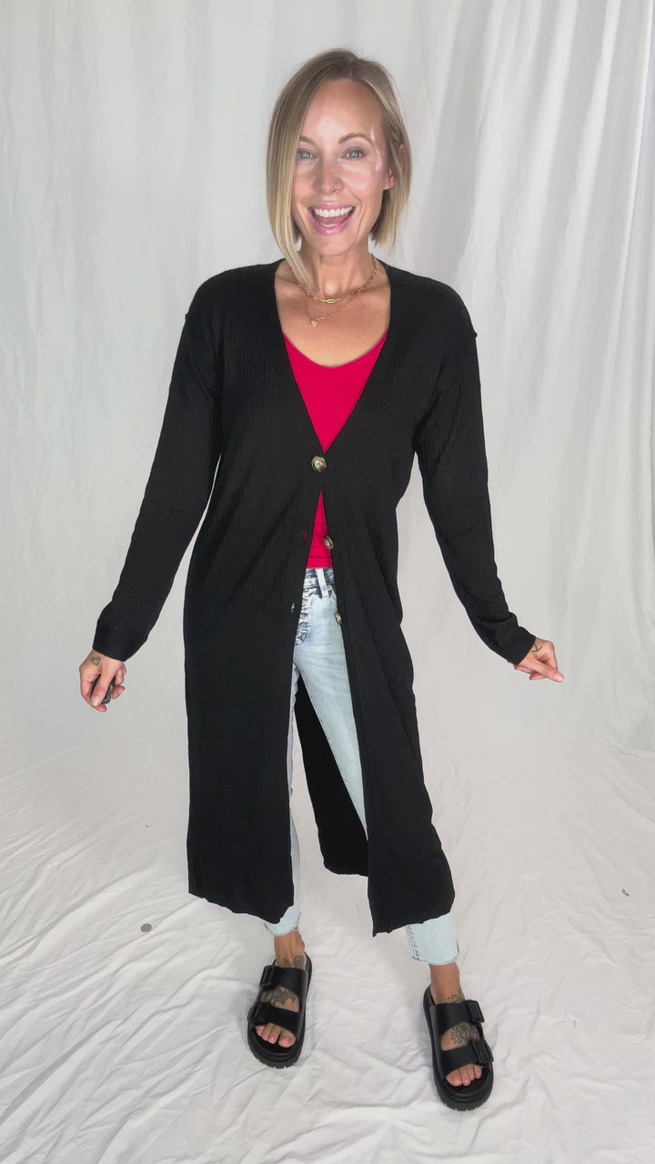 Railey Long Line Button Front Cardigan- BLACK-FINAL SALE