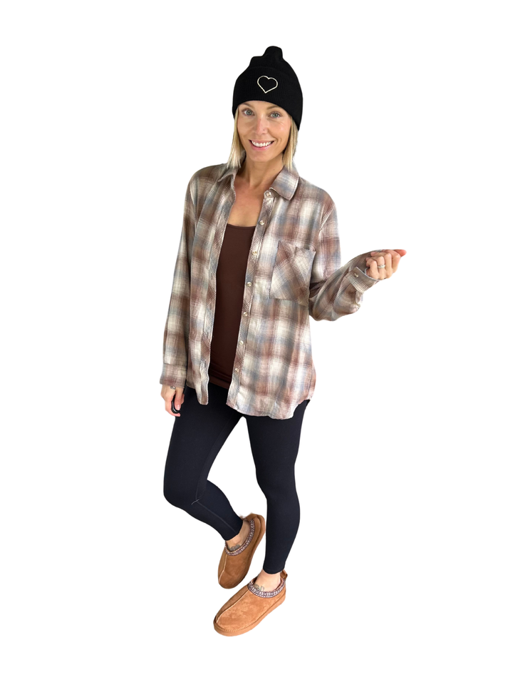Miranda Plaid Button Down Long Sleeve- MOCHA