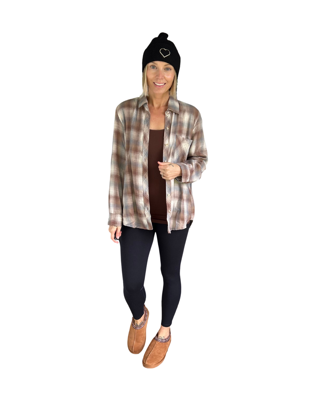 Miranda Plaid Button Down Long Sleeve- MOCHA