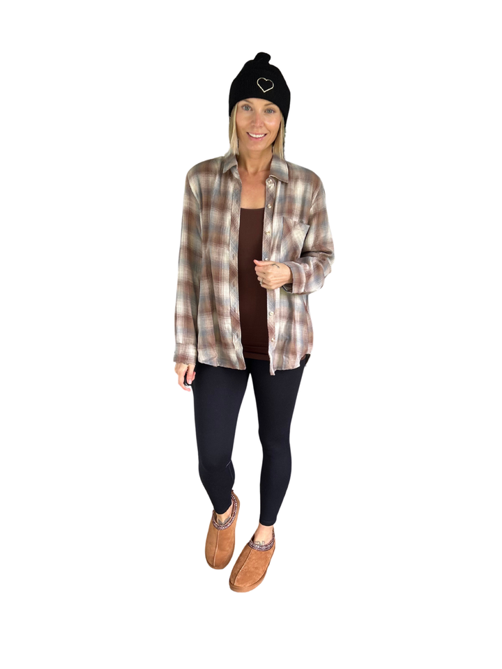 Miranda Plaid Button Down Long Sleeve- MOCHA
