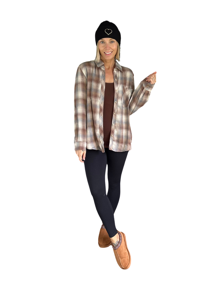 Miranda Plaid Button Down Long Sleeve- MOCHA