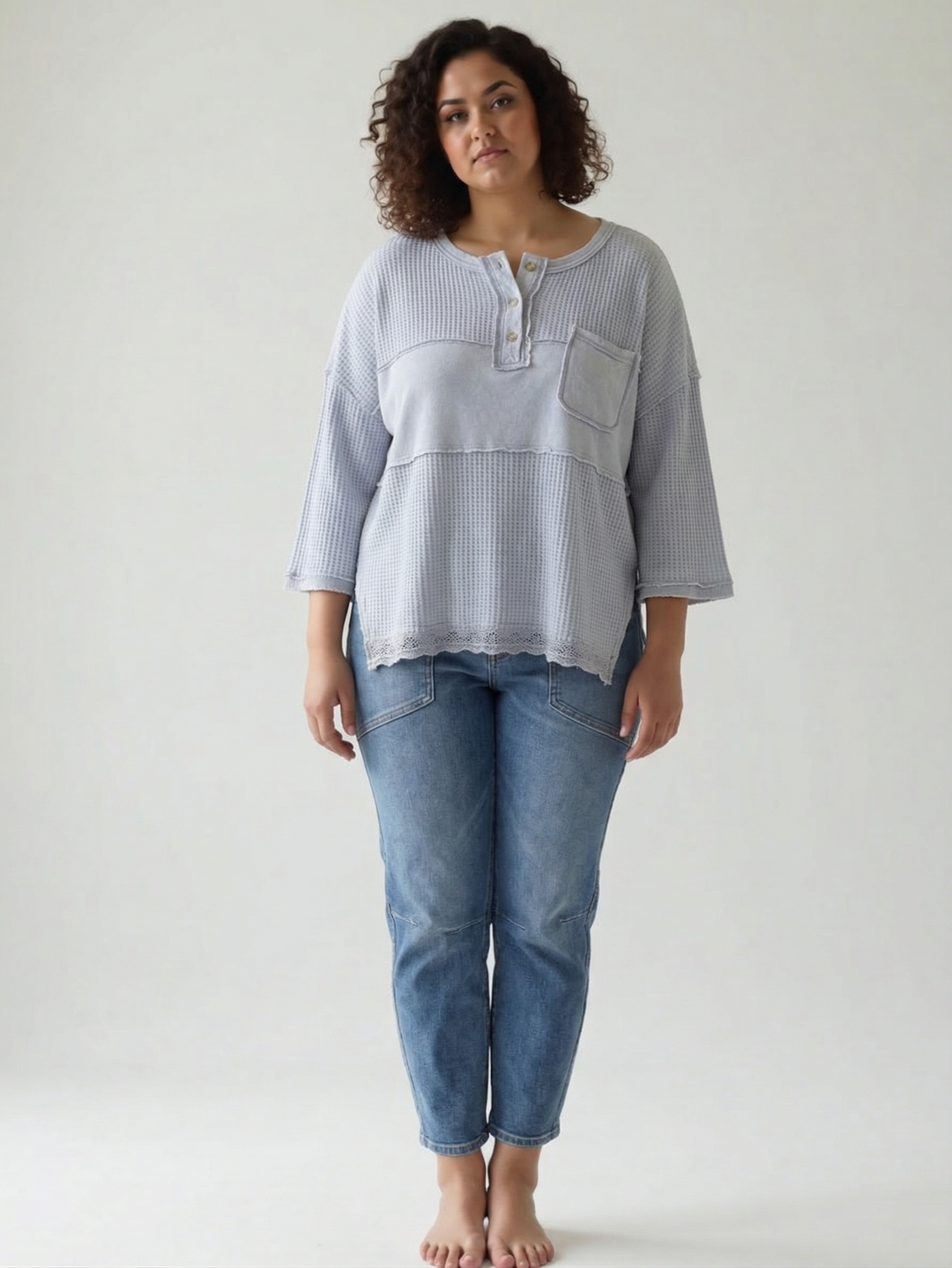 Penney 3/4 Sleeve Ribbed Pullover- BLUE GREY