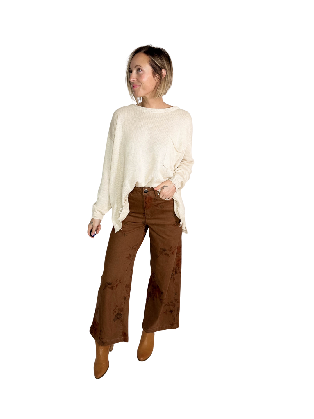 Drift Flower Print Wide Leg Pant- MOCHA