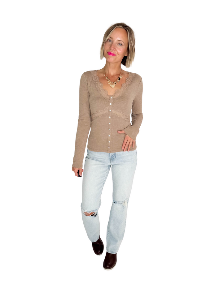 Darla Lace Trim Detail Long Sleeve Rib Top- MOCHA