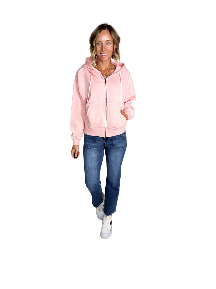 Muse Acid Wash Fleece Zip Up Hoodie- PINK