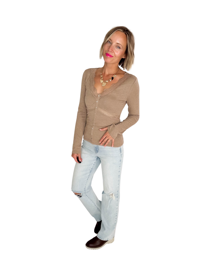 Darla Lace Trim Detail Long Sleeve Rib Top- MOCHA