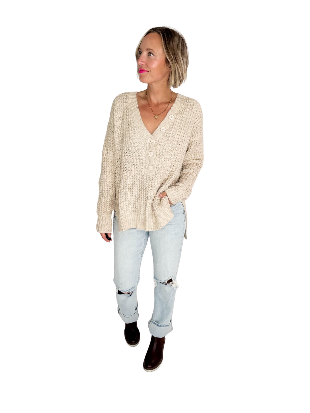Charleen Waffle Knit Sweater- SHELL