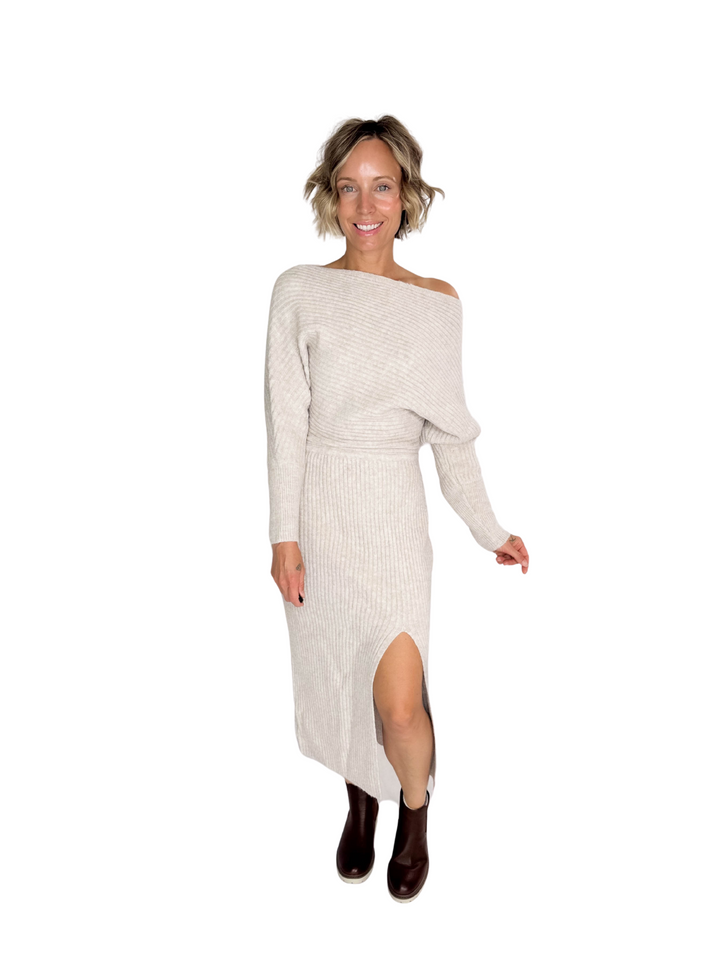 Chantel One Shoulder Off Side Slit Mini Knit Sweater Dress- OATMEAL