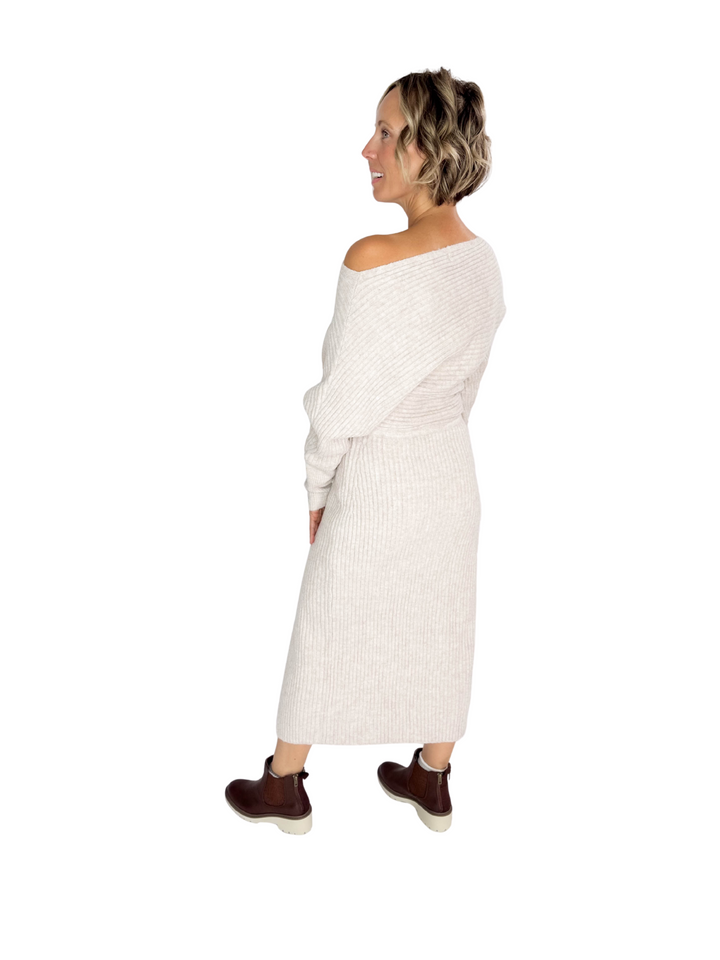 Chantel One Shoulder Off Side Slit Mini Knit Sweater Dress- OATMEAL