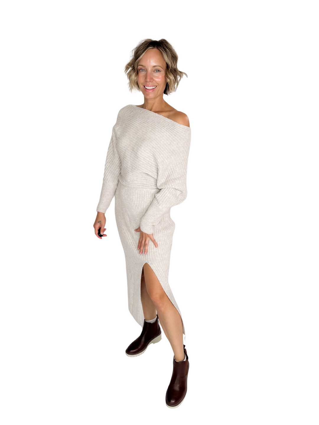 Chantel One Shoulder Off Side Slit Mini Knit Sweater Dress- OATMEAL