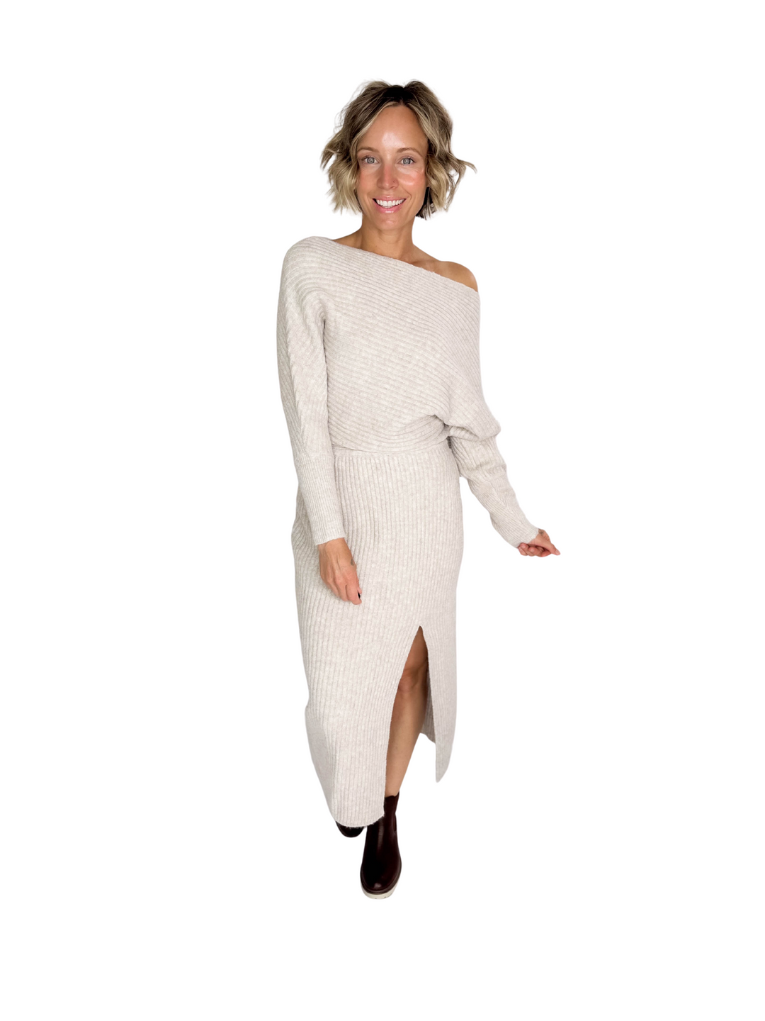 Chantel One Shoulder Off Side Slit Mini Knit Sweater Dress- OATMEAL