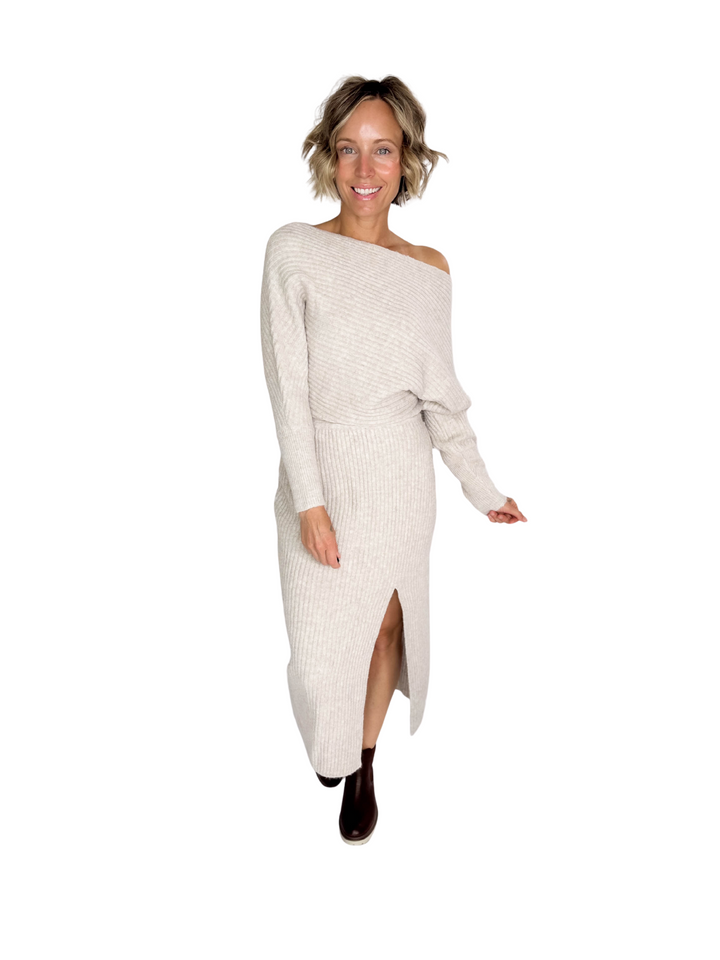 Chantel One Shoulder Off Side Slit Mini Knit Sweater Dress- OATMEAL