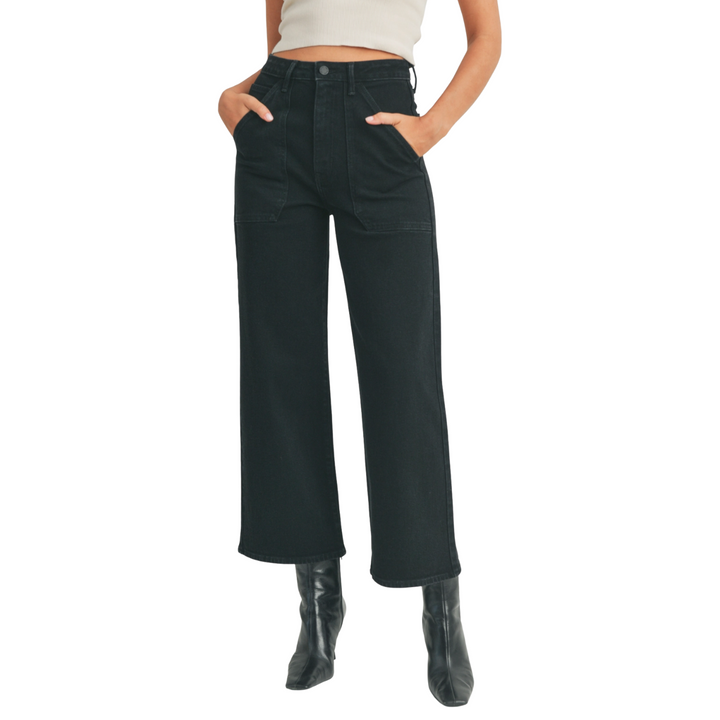 JUST BLACK DENIM Kassandra High Rise Cargo Pocket Wide Leg Jeans- BLACK