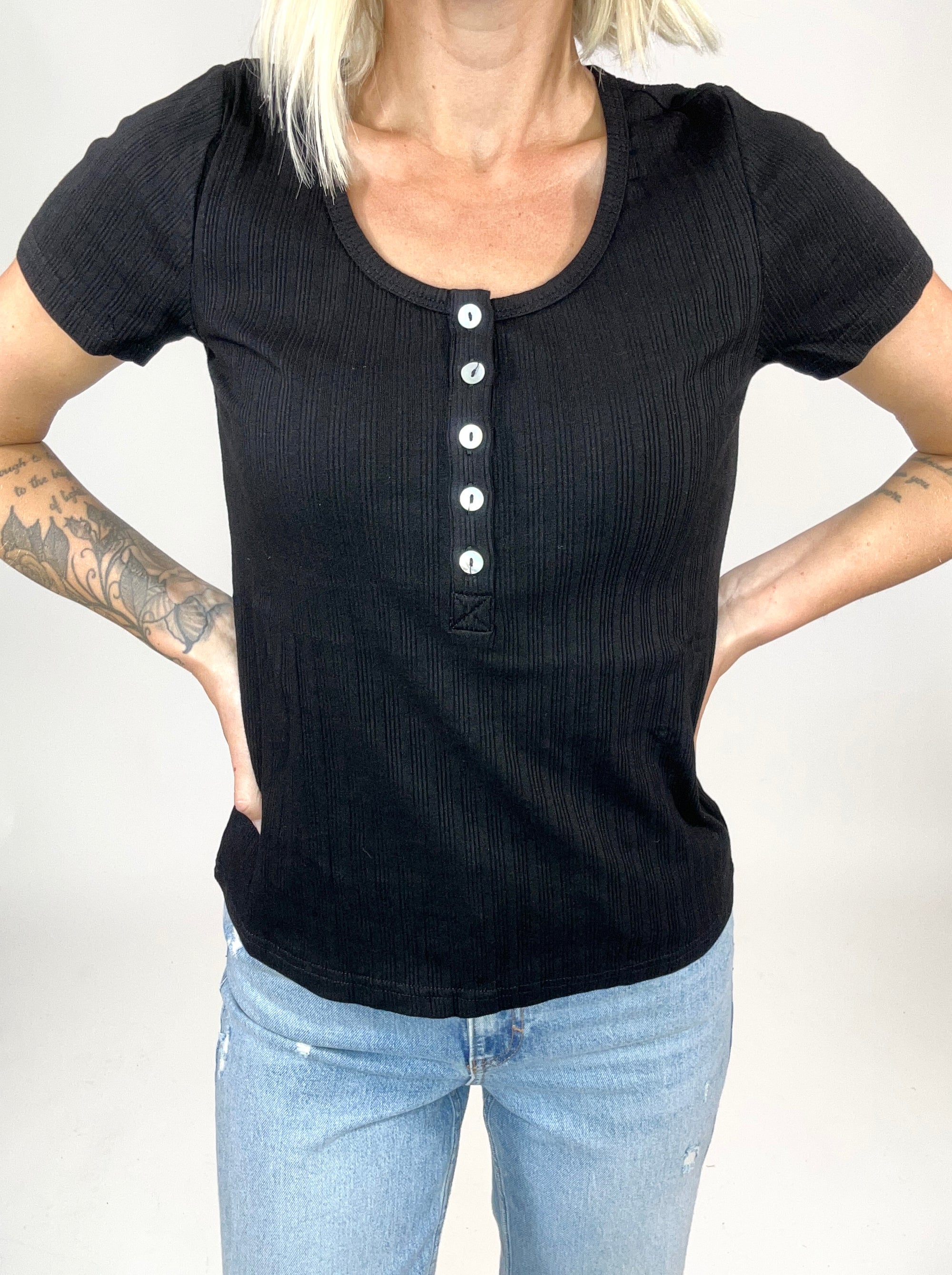 Gotta Have Ribbed Henley Short Sleeve- BLACK