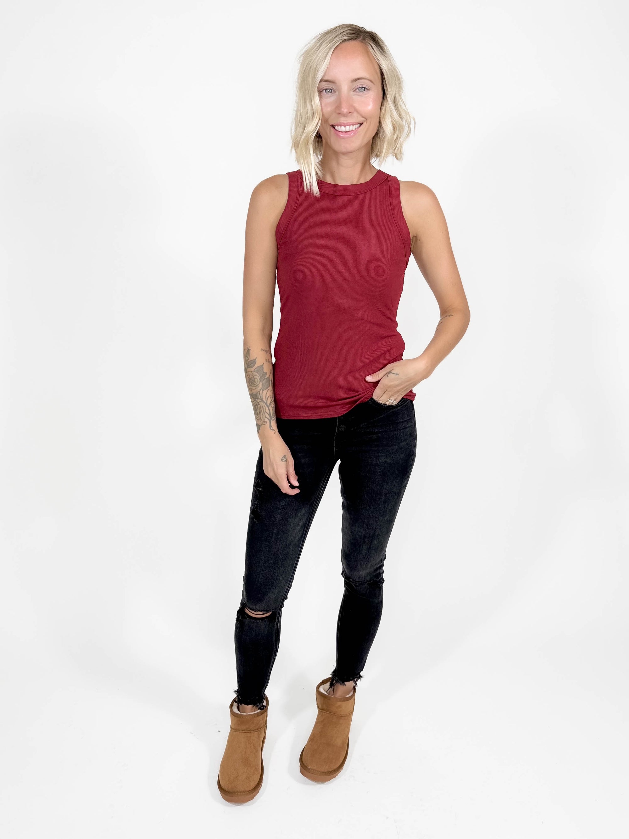 Gotta Have Ribbed Scoop Neck Tank- WINE