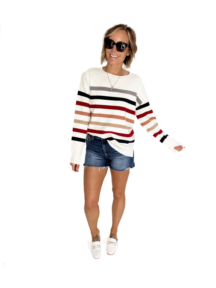 Stormi Crew Neck Stripe Sweater- WHITE/NAVY/RED-FINAL SALE