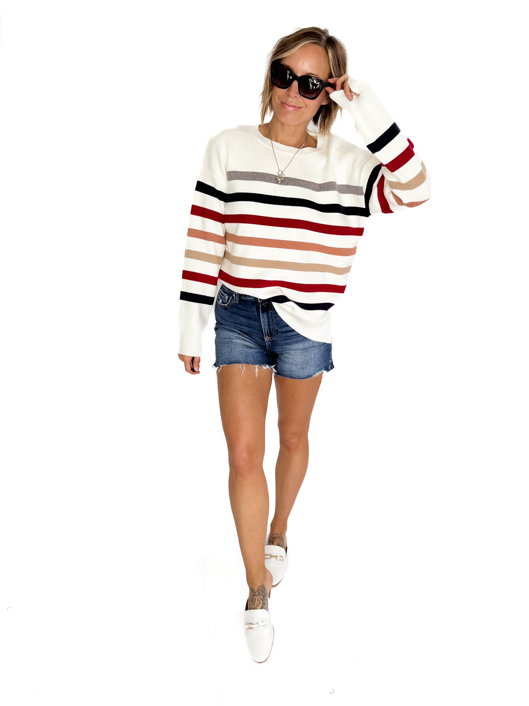 Stormi Crew Neck Stripe Sweater- WHITE/NAVY/RED-FINAL SALE