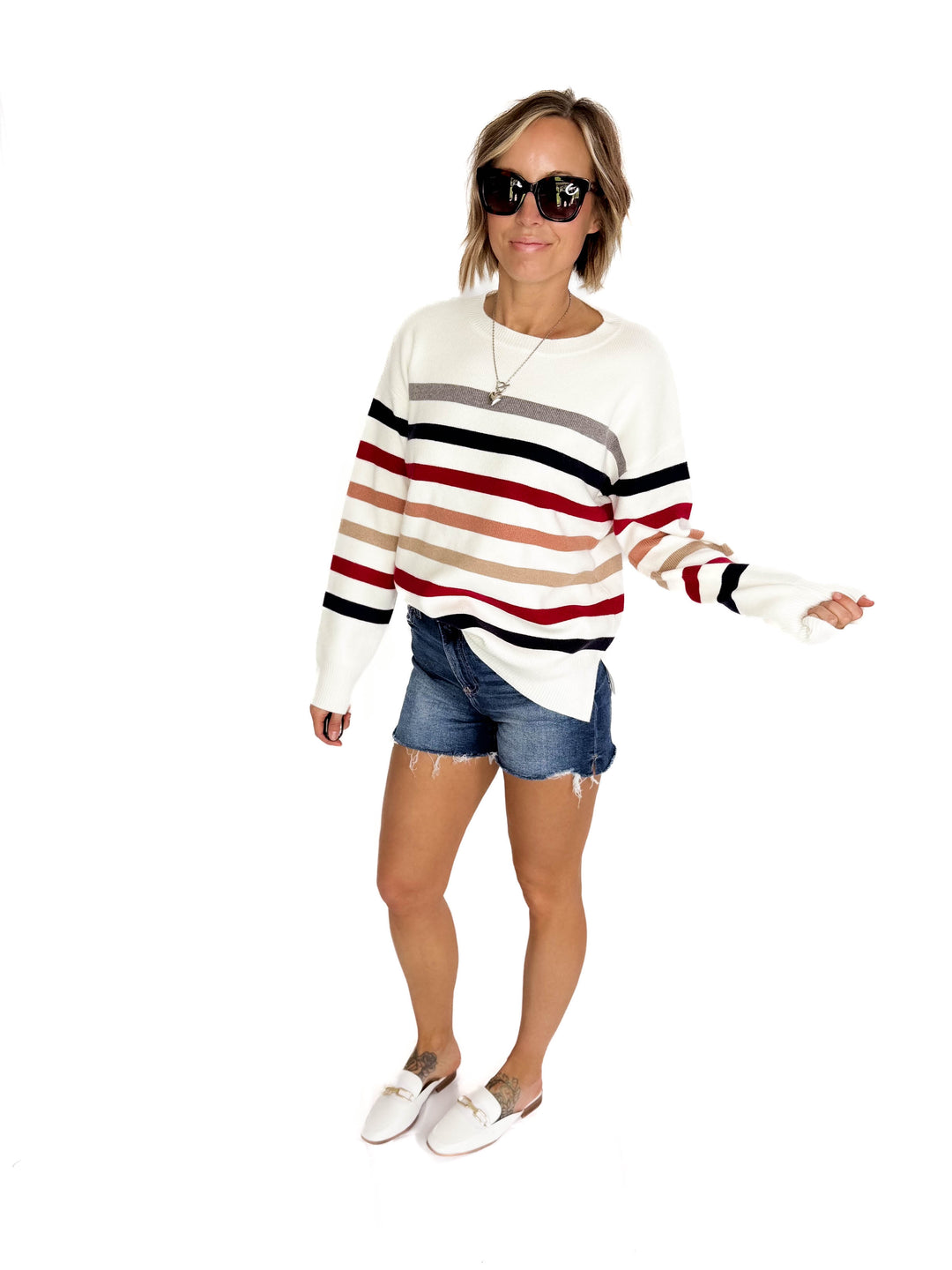 Stormi Crew Neck Stripe Sweater- WHITE/NAVY/RED-FINAL SALE