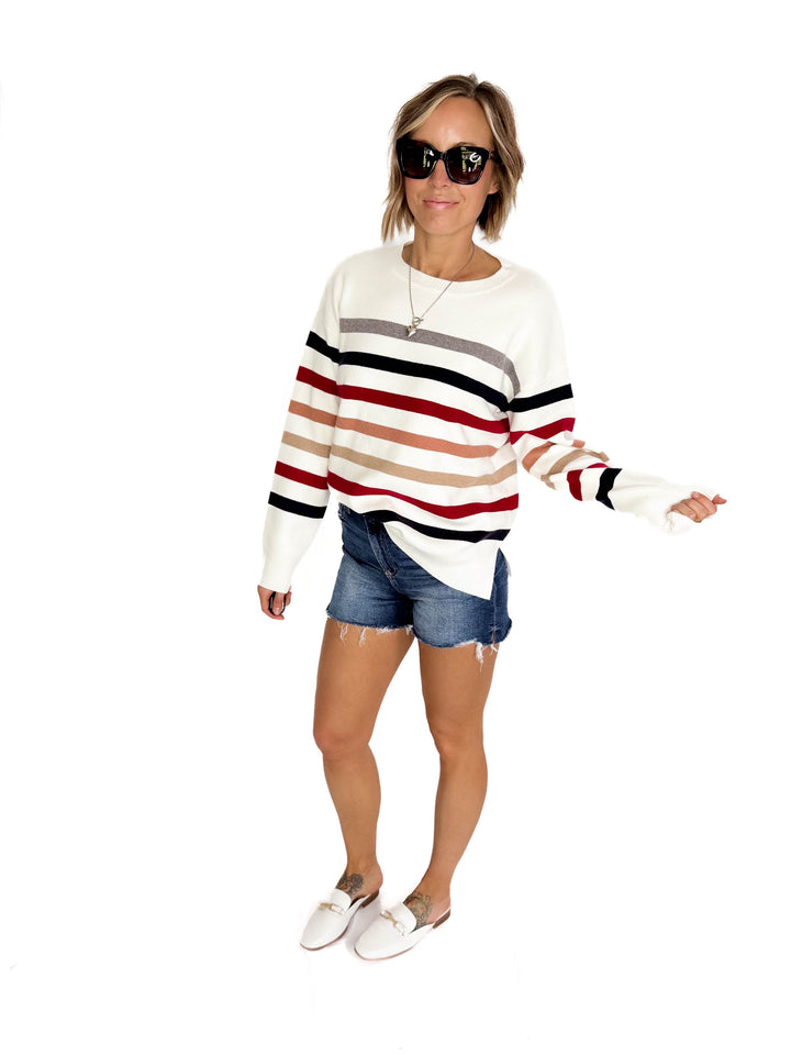 Stormi Crew Neck Stripe Sweater- WHITE/NAVY/RED-FINAL SALE