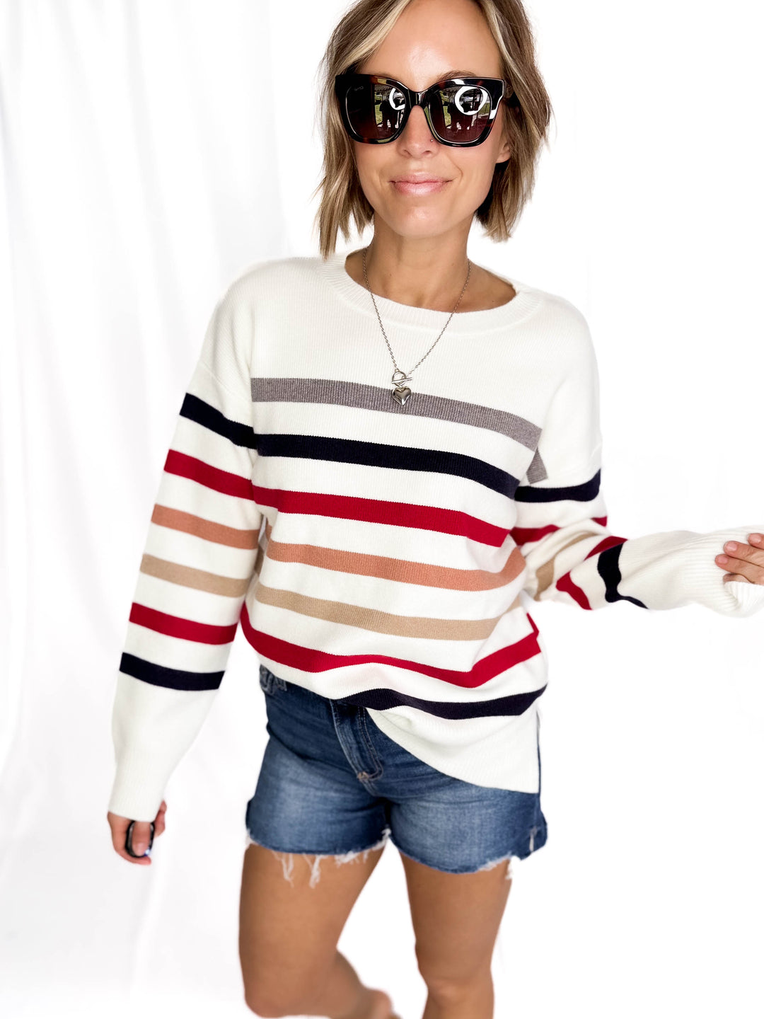 Stormi Crew Neck Stripe Sweater- WHITE/NAVY/RED-FINAL SALE