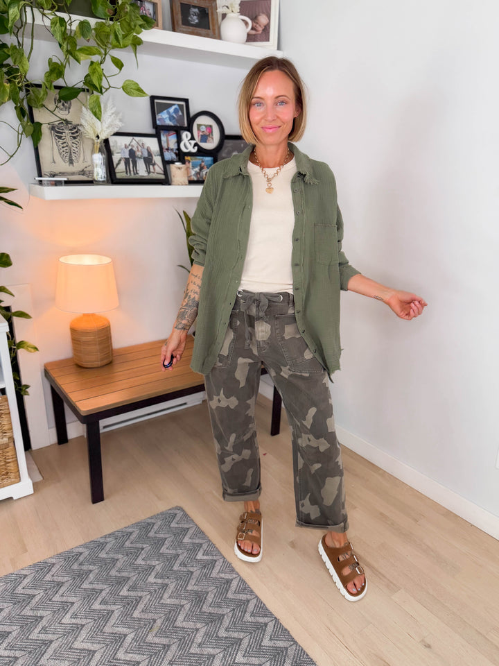 Baylea Cotton Gauze Button Down- LT OLIVE