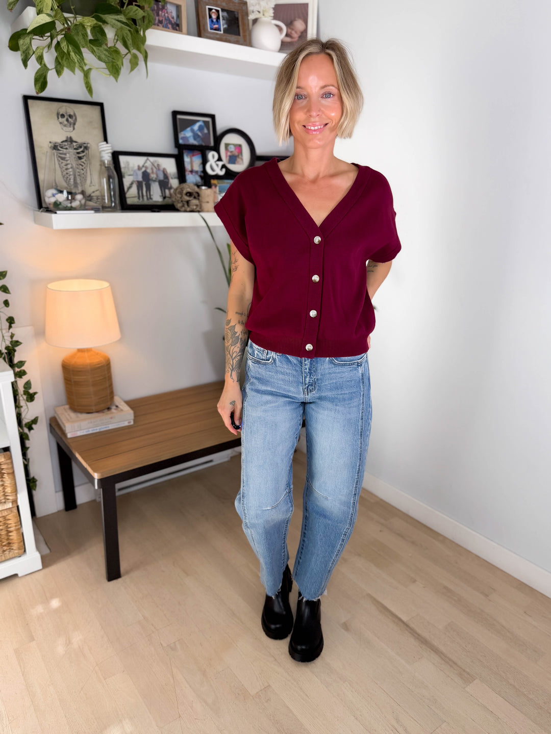 Thyme Short Sleeve Sweater- BURGUNDY