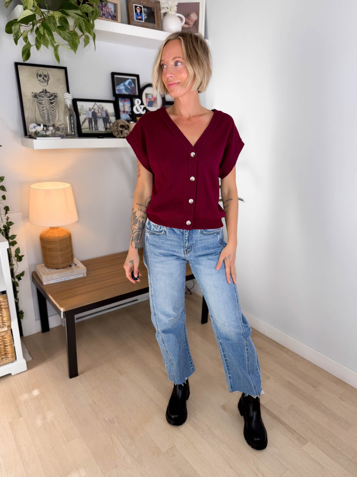 Thyme Short Sleeve Sweater- BURGUNDY