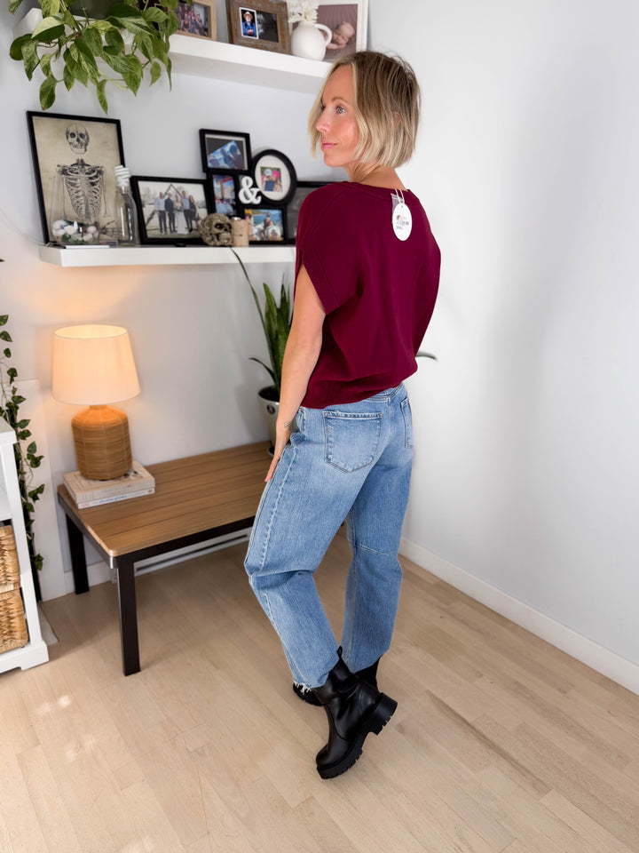 Thyme Short Sleeve Sweater- BURGUNDY