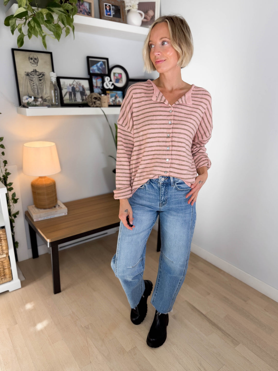 Quinn Button Down Sweater- BLUSH