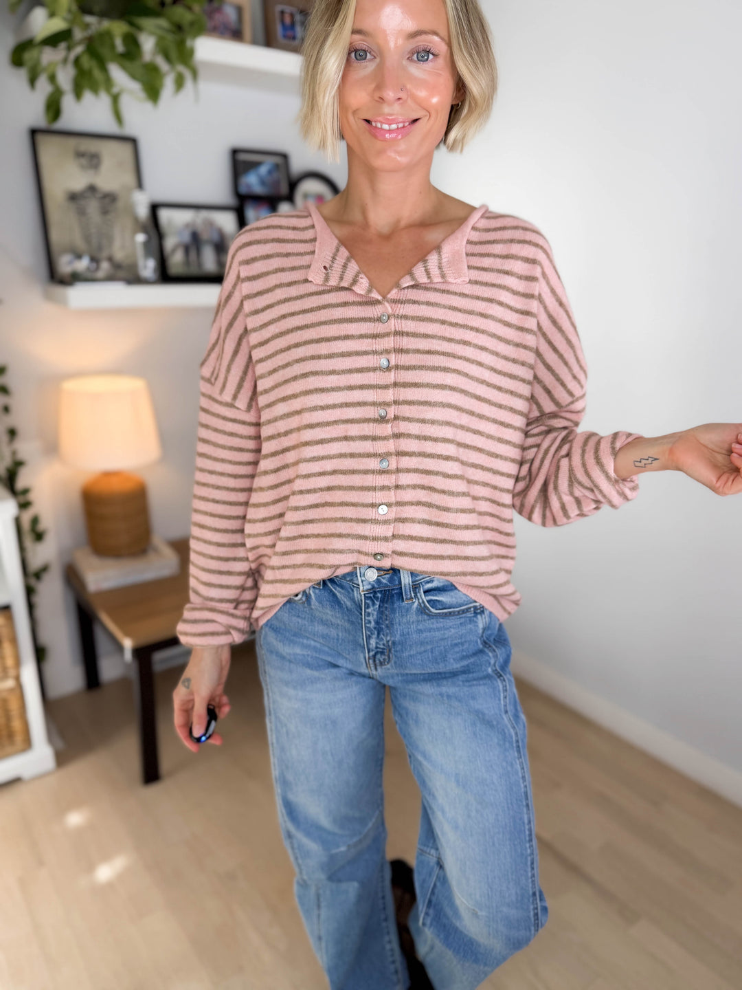 Quinn Button Down Sweater- BLUSH
