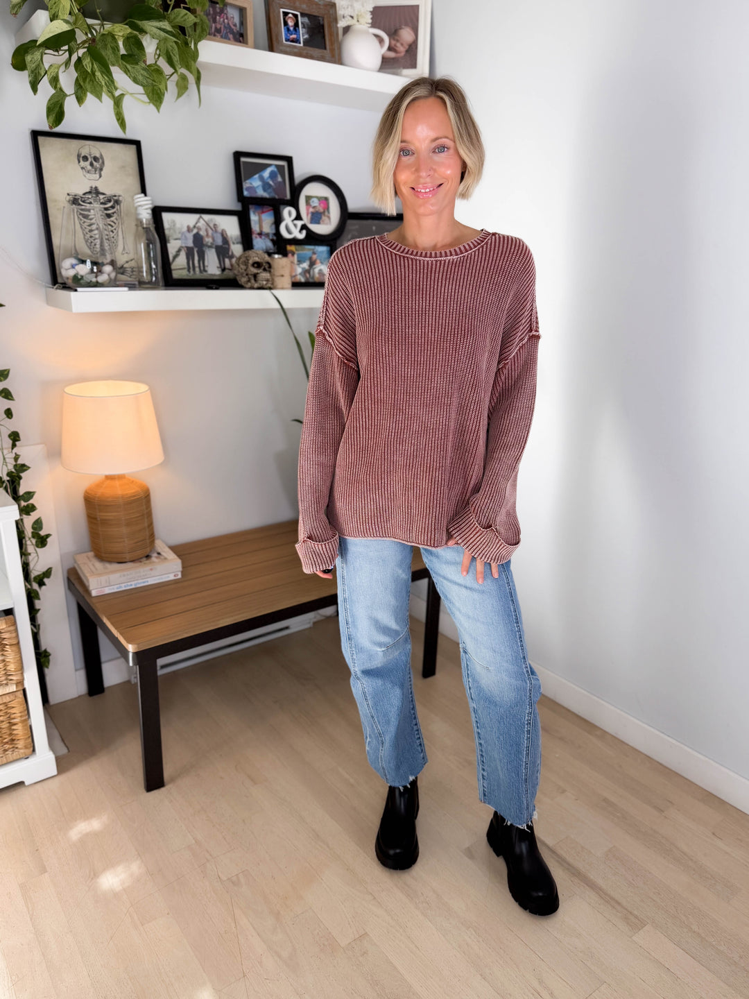 Melody Washed Cotton Ribbed Sweater- TERRACOTTA