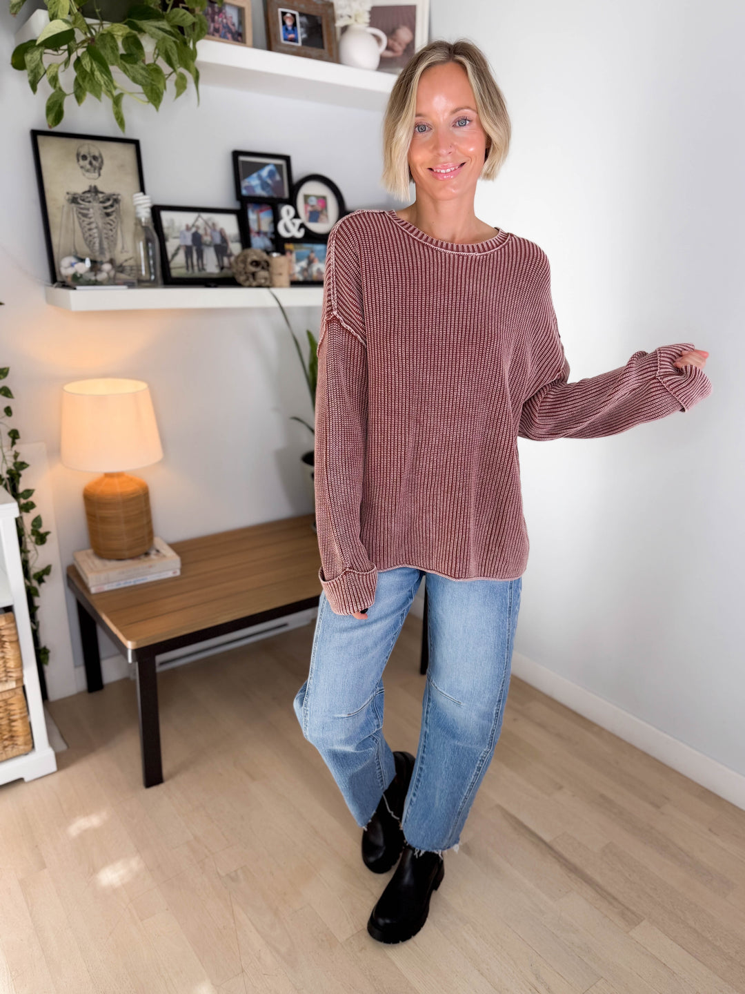 Melody Washed Cotton Ribbed Sweater- TERRACOTTA