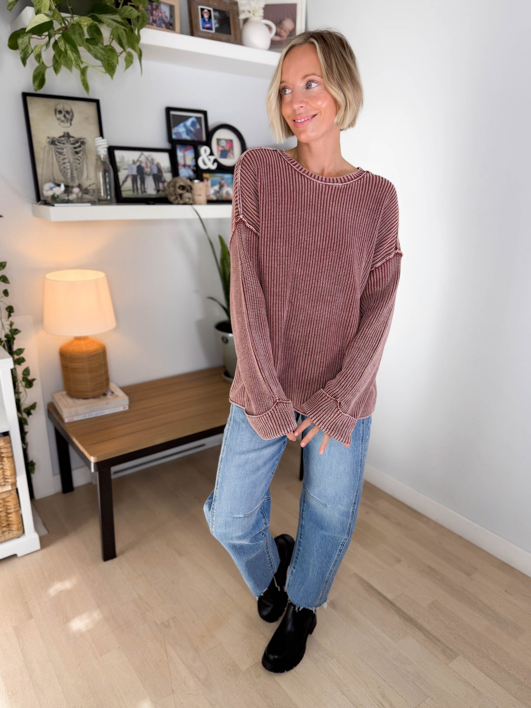 Melody Washed Cotton Ribbed Sweater- TERRACOTTA