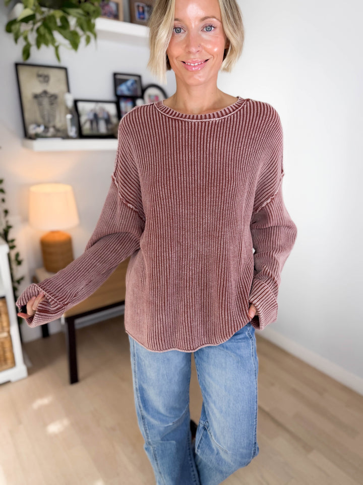 Melody Washed Cotton Ribbed Sweater- TERRACOTTA