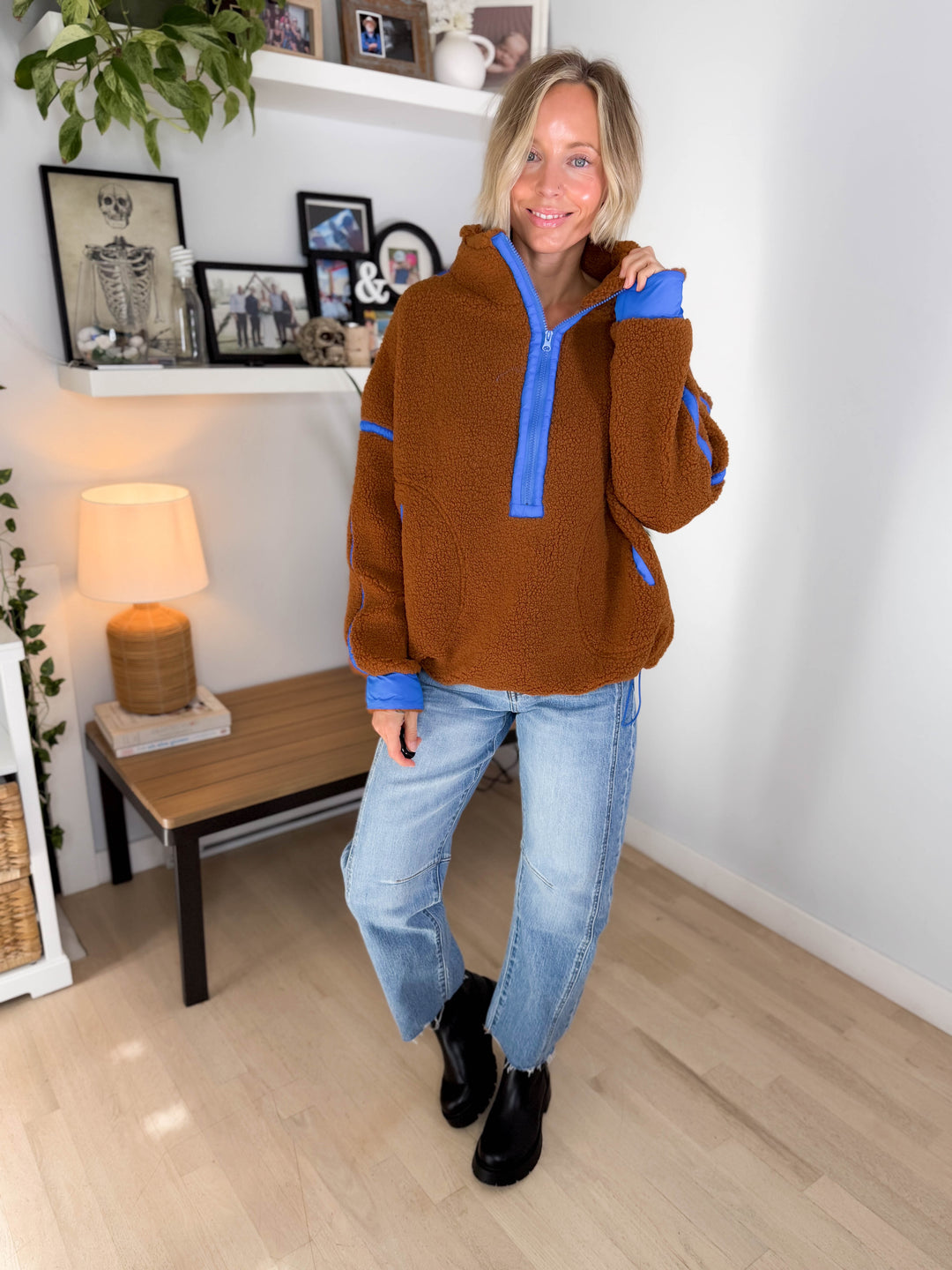 Marlow Fleece 1/2 Zip Pullover- CAMEL/BLUE