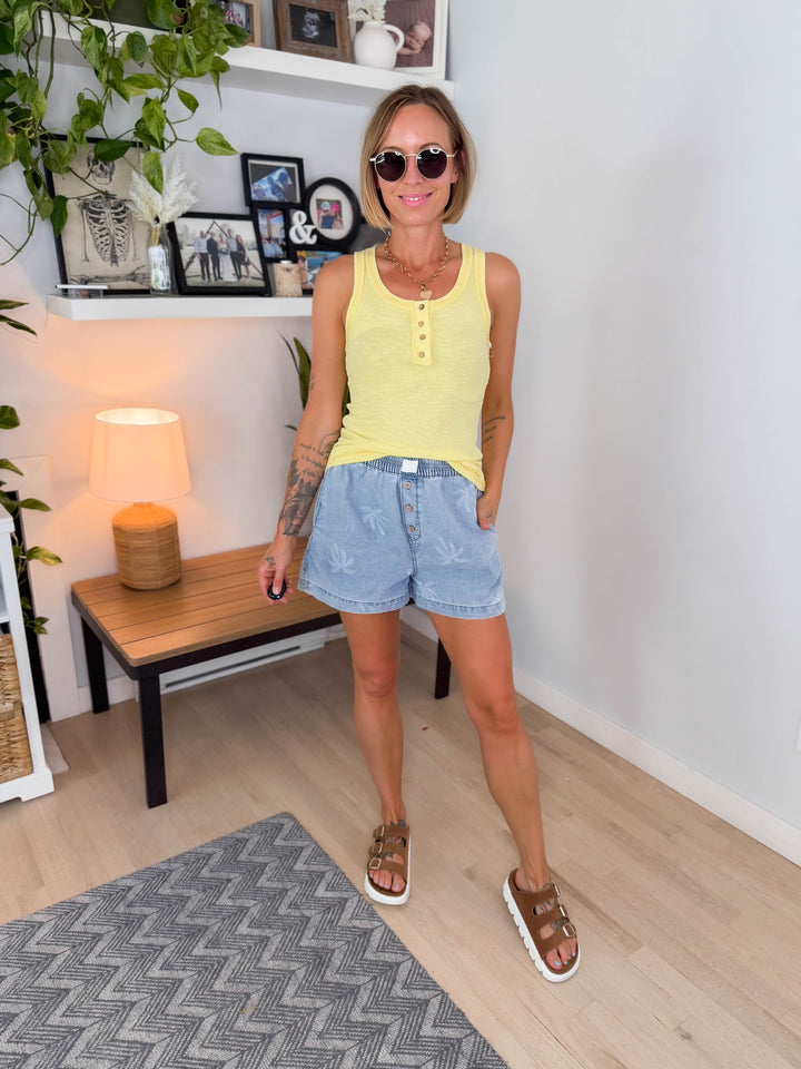Tropical Breeze Ribbed Henley Tank- LEMON