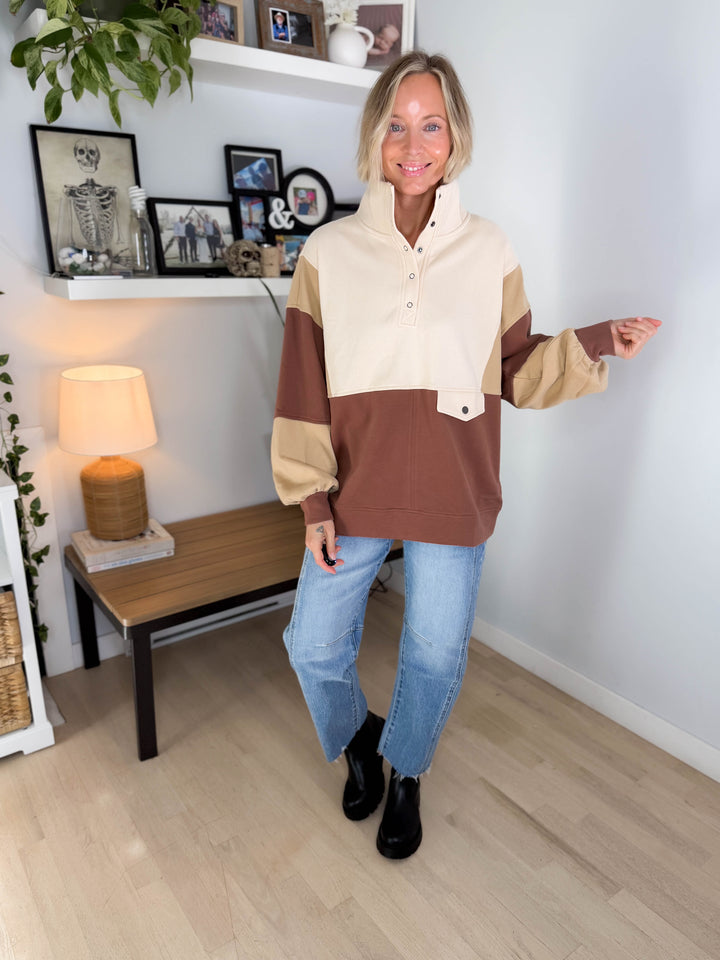 Fallon Henley Colour Block Pullover- BRICK BROWN