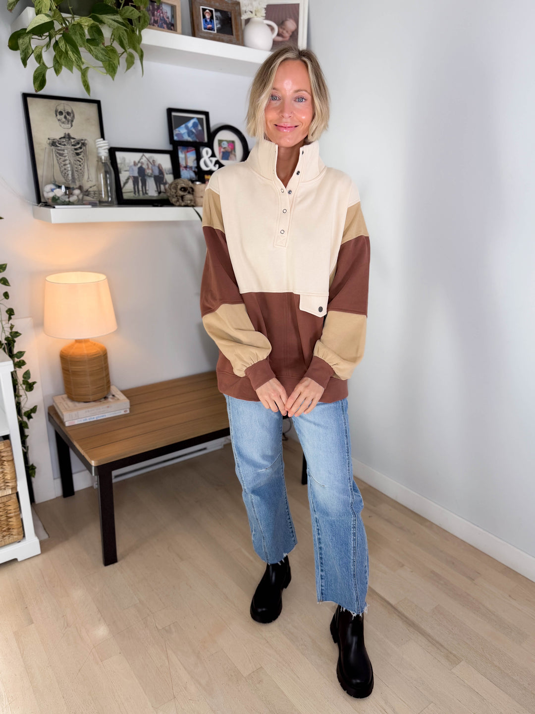 Fallon Henley Colour Block Pullover- BRICK BROWN