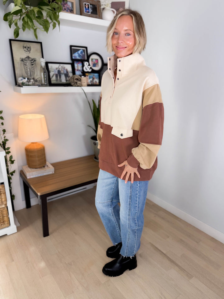 Fallon Henley Colour Block Pullover- BRICK BROWN