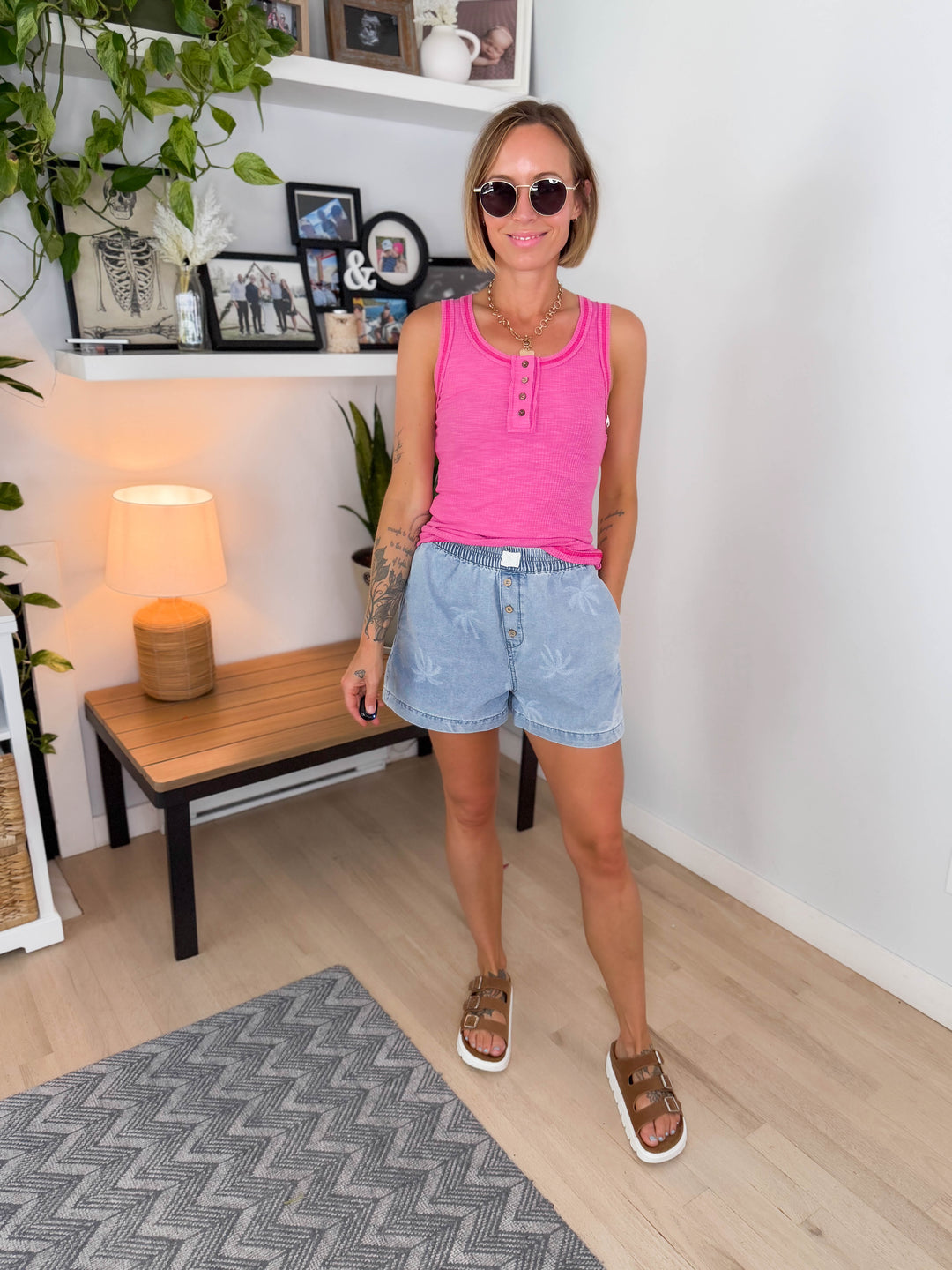 Tropical Breeze Ribbed Henley Tank- CANDY