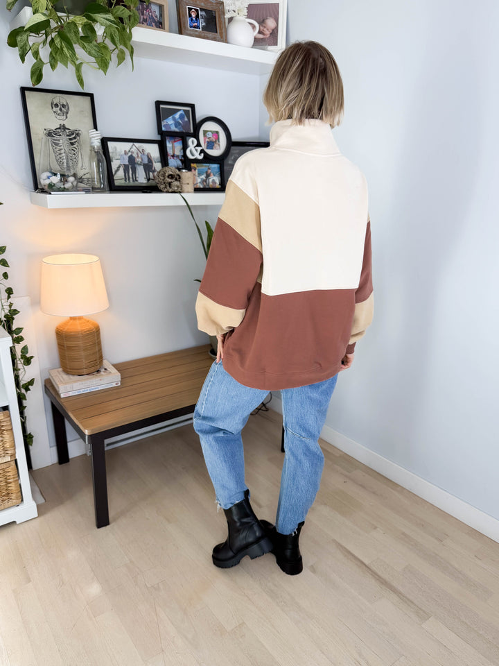 Fallon Henley Colour Block Pullover- BRICK BROWN