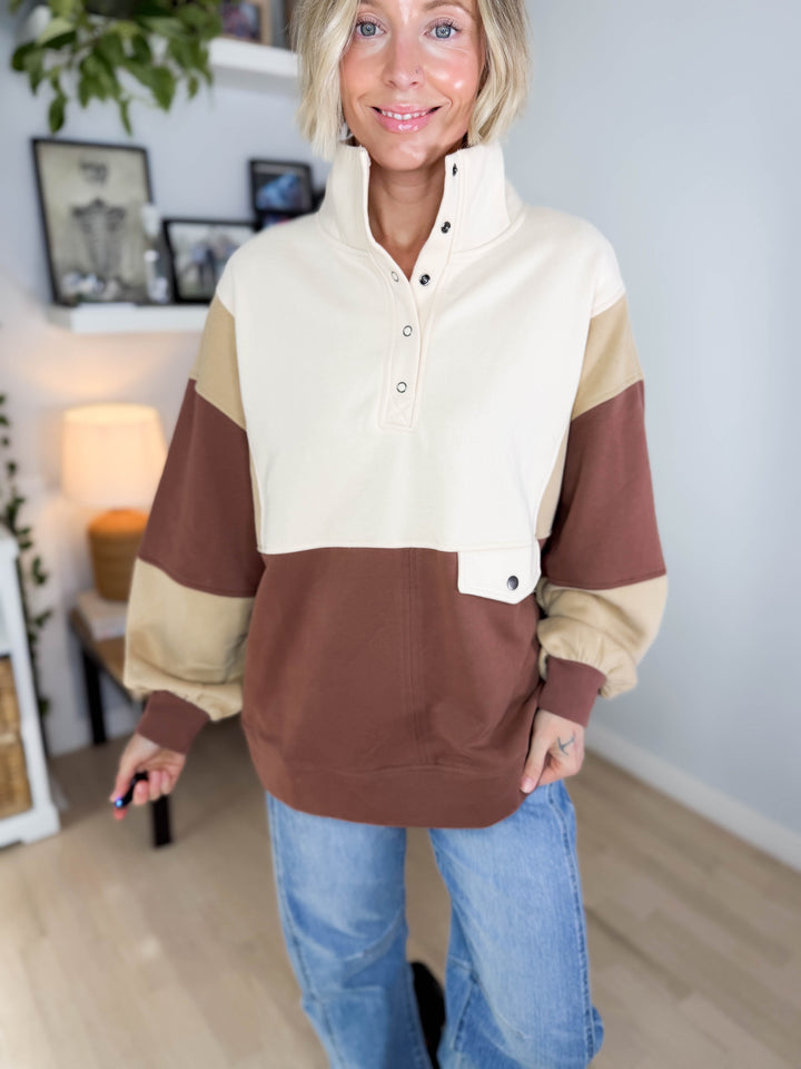 Fallon Henley Colour Block Pullover- BRICK BROWN