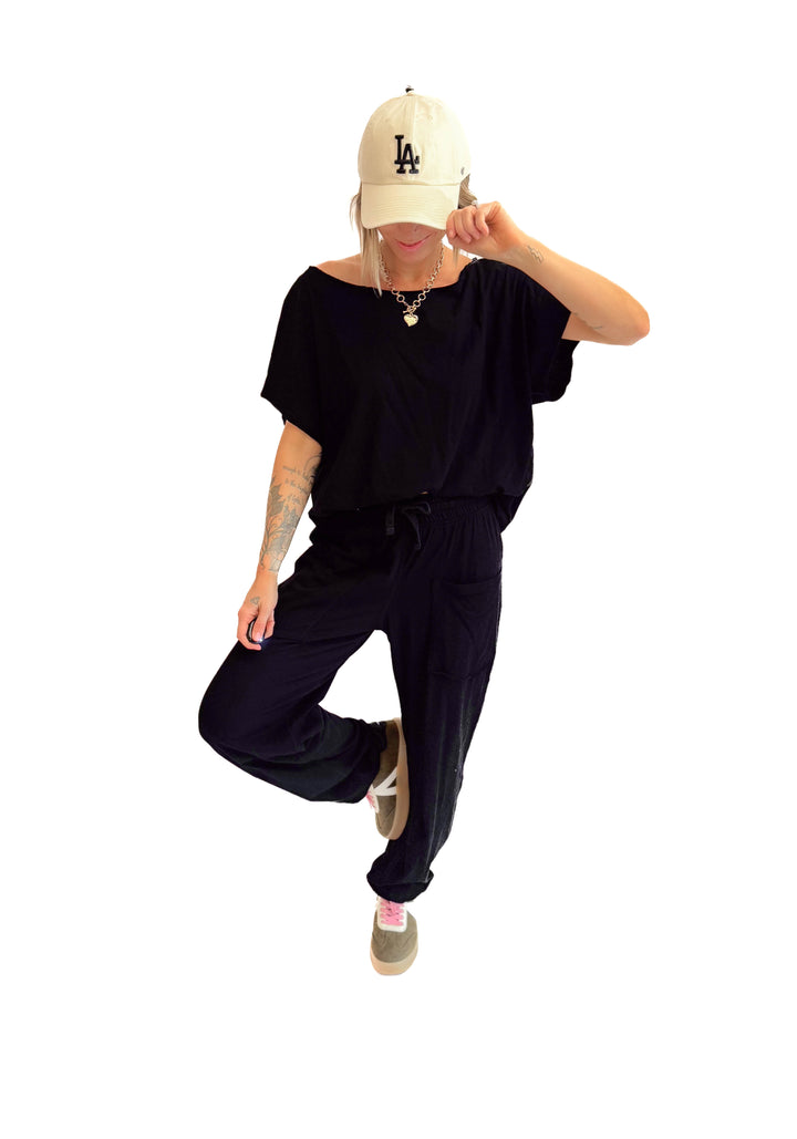 Nate Cotton Slub Barrel Pants + Top Set- BLACK